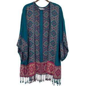 Time For Me Viscose Bohemian Floral Open Front Kimono Cardigan Fringe Hem M/L
